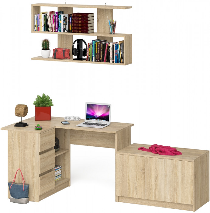 Мори Стол компьютерный МС-16 левый + Тумба МА900.1 + Полка 1200, цвет дуб сонома, ШхГхВ 214,8х84,9х209,6 см., НЕ универсальная сборка