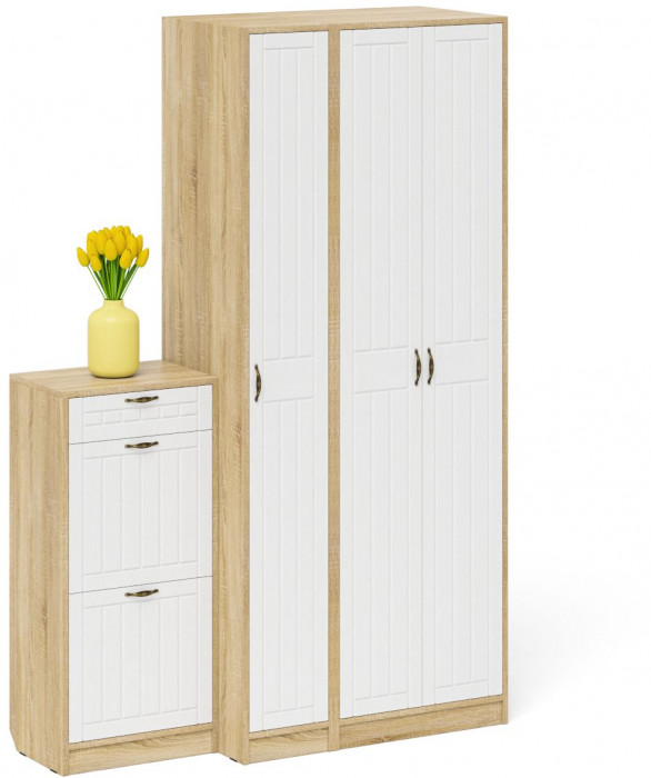 Прихожая П-6 Компоновка № 48, дуб сонома/фасады МДФ белое дерево фрезеровка прованс