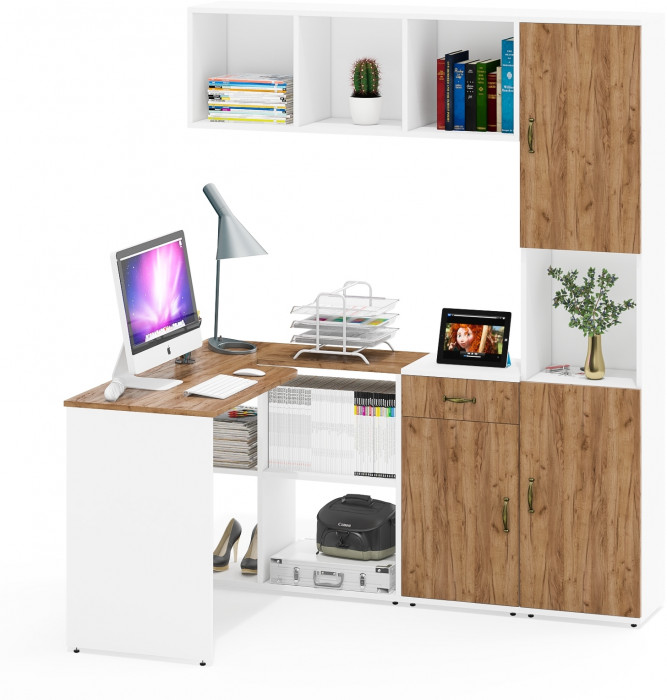 Лидер-8 Стол + Полка + Тумба МД 3.15 + Пенал, белый шагрень/крафт золото