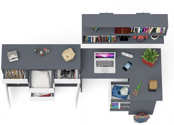 Мори компьютерный стол МС-16 правый + Комод МК1200.4 + Полка 1200, графит/белый