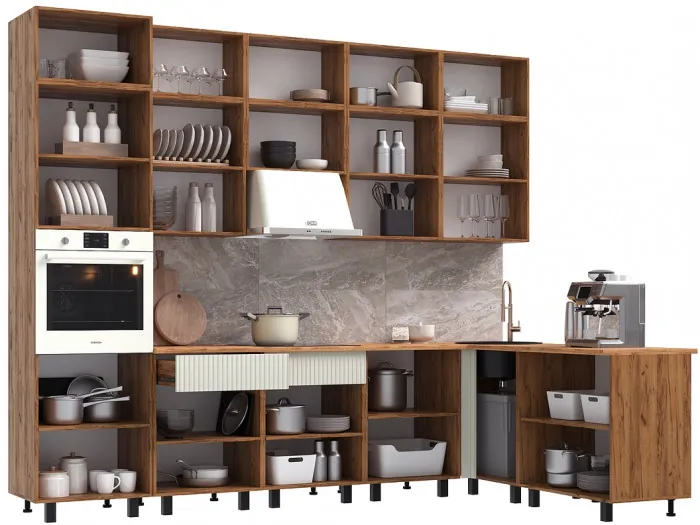 Кухня Оливия NEW 3,0х1,8/1080м Компоновка №3, Крафт золотой/Кашемир