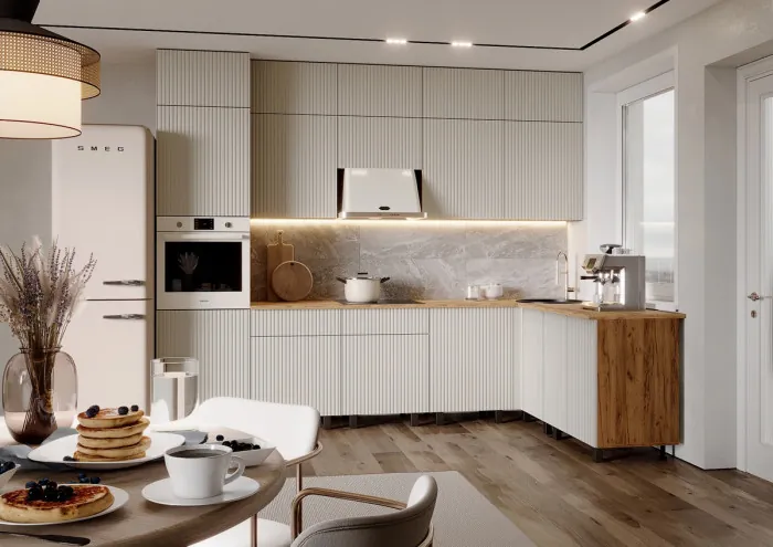 Кухня Оливия NEW 3,0х1,8/1080м Компоновка №3, Крафт золотой/Кашемир