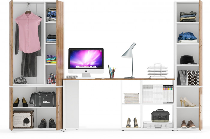 Лидер-8 Шкаф МД 20Б + Стол + Пенал 22Б, белый шагрень/крафт золото