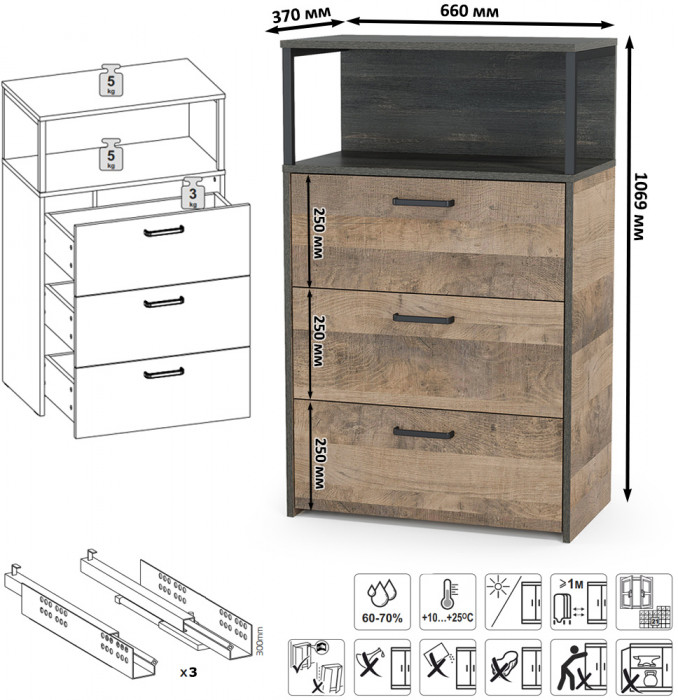 Трувор 13.70 Тумба под ТВ + 13.307.02 Комод + 13.307.02 Комод + 15.60 Полка, цвет дуб гранж песочный/интра, ШхГхВ 281,8х45,4х195 см., универс. сборка