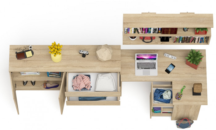 Мори компьютерный стол МС-16 правый + Комод МК1600.1 + Полка 1200, дуб сонома