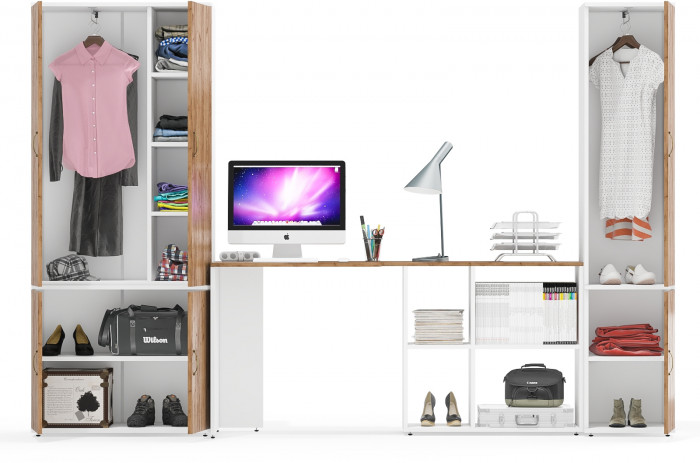 Лидер-8 Шкаф МД 20Б + Стол + Пенал 21Б, цвет белый шагрень/крафт золото, ШхГхВ 285х50/37,5х75/190 или 195х120х75/190 см., НЕ ун.сб.