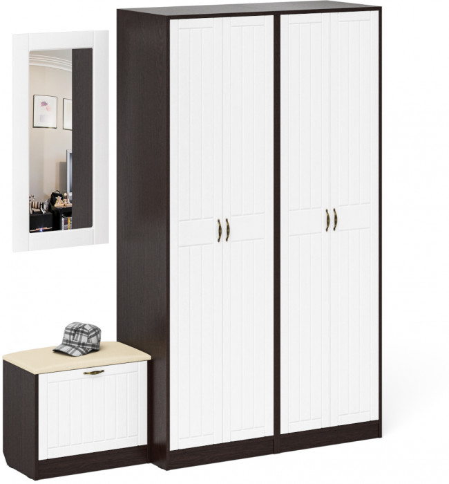 Прихожая П-6 Компоновка № 08, цвет венге/фасады МДФ белое дерево фрезеровка прованс, ШхГхВ 180х50х210 см., универсальная сборка