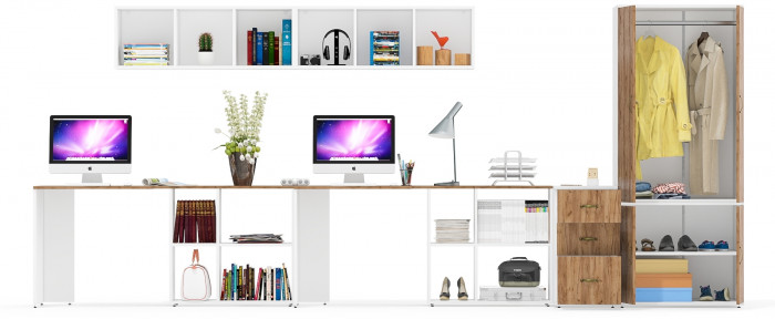 Лидер-8 Стол + Полка + Стол + Полка + Шкаф МД 19Б + Тумба МД 3.16, цвет белый шагрень/крафт золото, 450х50х75/190 или 230х200/50х75/190, НЕ ун. сб.