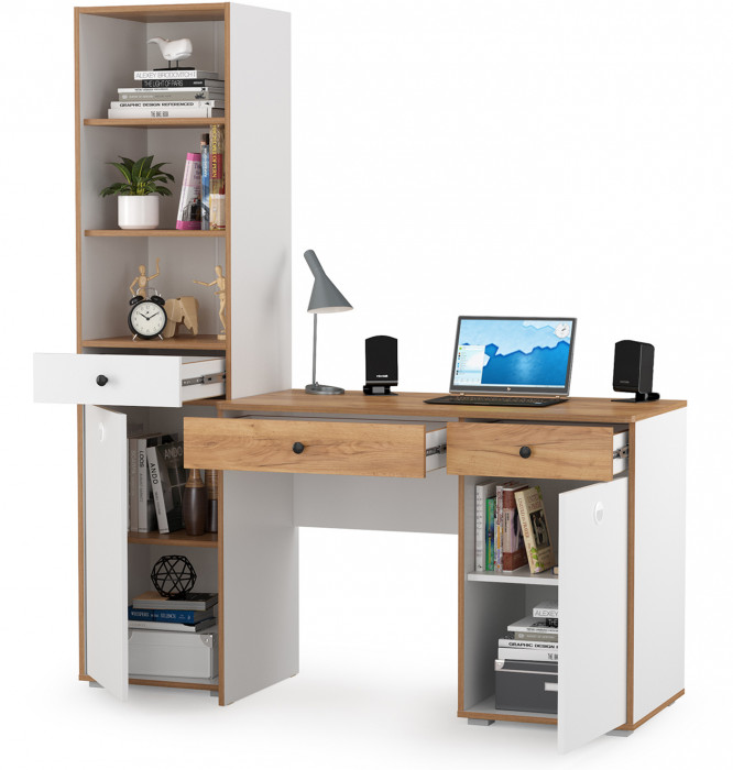 Вуди Компоновка № 06, цвет белый премиум/дуб крафт золотой, ШхГхВ 155х52,7х180,3 см., универсальная сборка