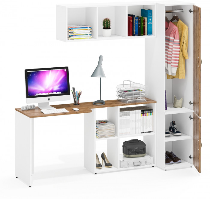 Лидер-8 Стол + Полка + Пенал МД 23Б, белый шагрень/крафт золото