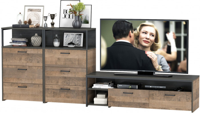 Трувор 13.70 Тумба под ТВ + 13.307.02 Комод + 13.307.02 Комод, цвет дуб гранж песочный/интра, ШхГхВ 281,8х45,4х106,9 см., универсальная сборка