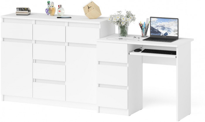 Мори Стол компьютерный МС-6 левый + Комод МК1200.4, цвет белый, ШхГхВ 210,4х50х94 см., выдвижные ящики слева, НЕ универсальная сборка