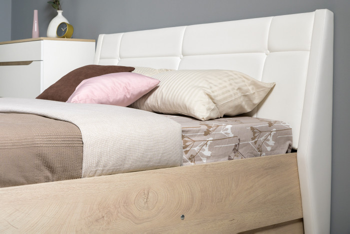 Муссон Кровать 11.28 + подъёмный ортопед + Комод 13.97 + Зеркало СВК, цвет белый/дуб эндгрейн элегантный/кожзам белый, сп. м. 1600х2000 мм., б/м