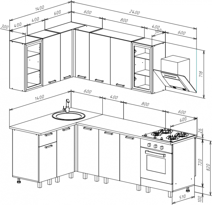 Кухня Техно 1,4х2,4м Компоновка №9, Крафт золотой/Холст латте