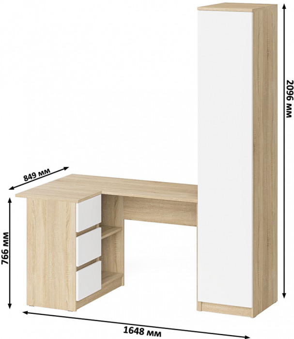 Мори компьютерный стол МС-16 левый + Пенал МШ400.1, дуб сонома/белый