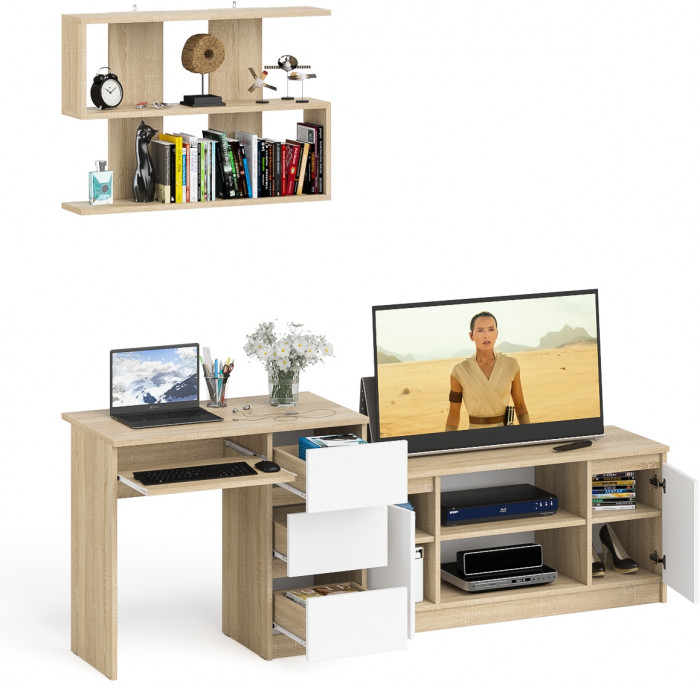 Мори компьютерный стол МС-6 правый + Тумба МТВ1200.1 + Полка 900, дуб сонома/белый