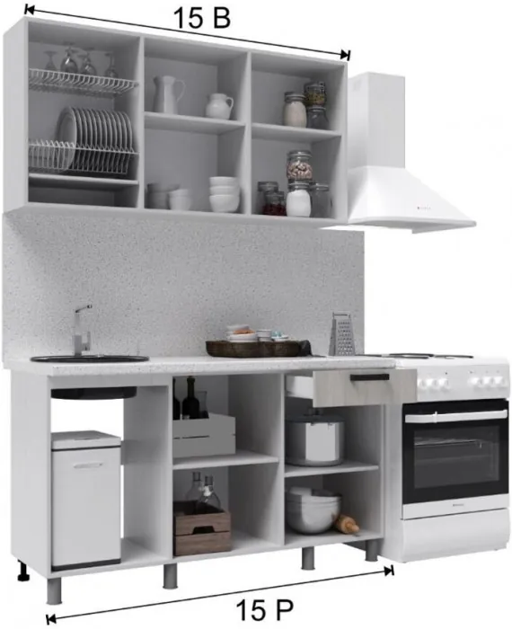 Кухонный гарнитур Кампео 1,5м Белый снег/Бриз/столешница Олдвуд