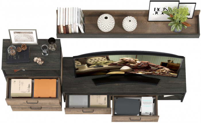 Трувор 13.70 Тумба под ТВ + 13.307.02 Комод с ящиками + 15.60 Полка, цвет дуб гранж песочный/интра, ШхГхВ 215,8х45,4х195 см., универсальная сборка