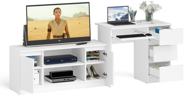 Мори компьютерный стол МС-6 правый + Тумба МТВ1200.1, белый