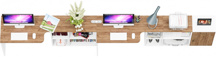 Лидер-8 Стол + Стол + Тумба МД 3.15, цвет белый шагрень/крафт золото, ШхГхВ 370х50/30х75 см. или 230х50/120х75 см., НЕ универсальная сборка