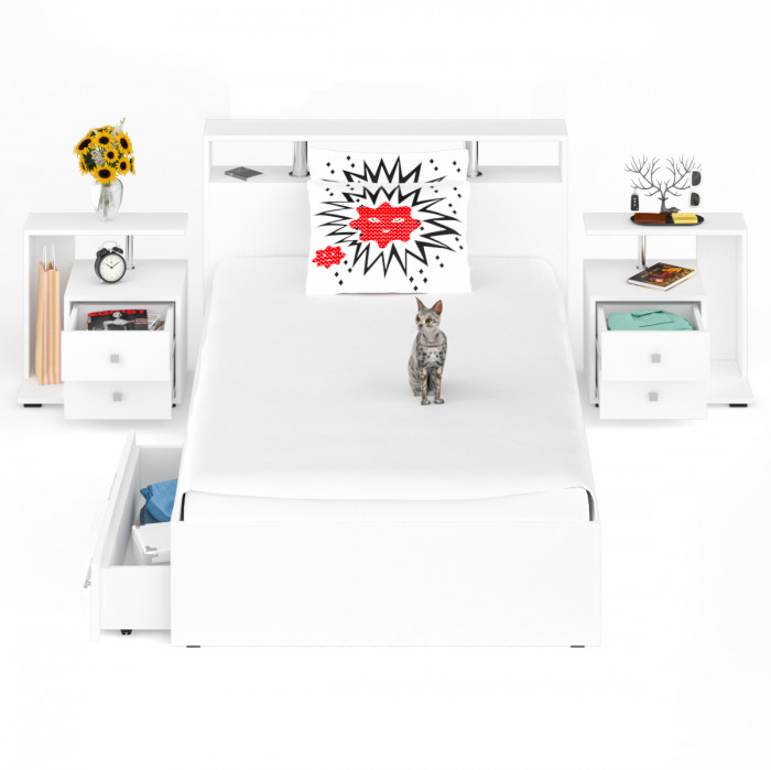 Камелия Кровать с ящиками 1200 + две тумбы, белый