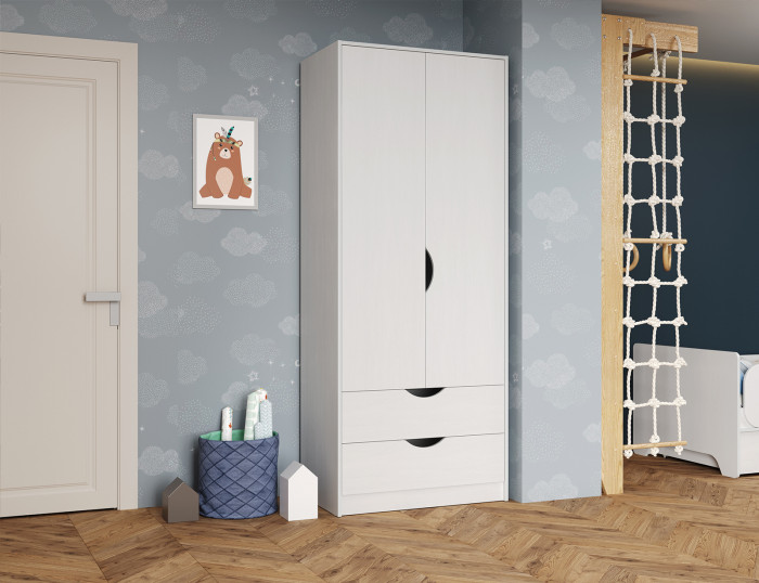 КР100 Уна 13.327 Шкаф для одежды, цвет белый(структура Поры дерева), ШхГхВ 83,8х49,7х205,3 см., два выдвижных ящика