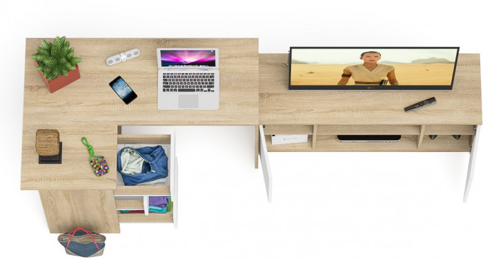 Мори компьютерный стол МС-16 левый + Тумба МТВ1200.1, дуб сонома/белый