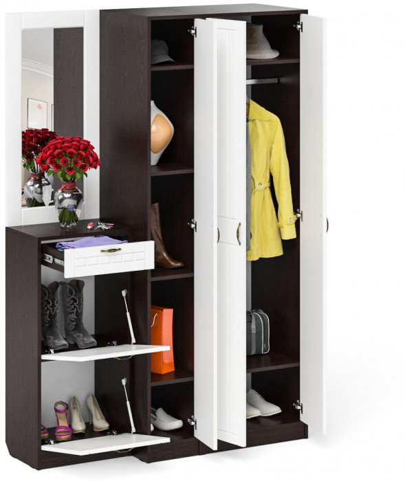 Прихожая П-6 Компоновка № 49, венге/фасады МДФ белое дерево фрезеровка прованс