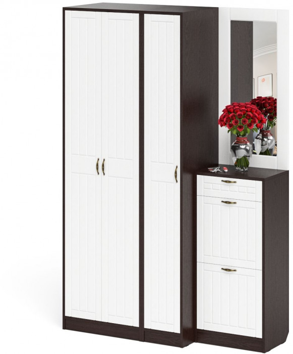 Прихожая П-6 Компоновка № 49, венге/фасады МДФ белое дерево фрезеровка прованс