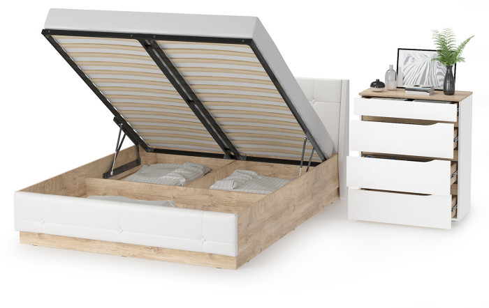 Муссон Кровать 11.28 + подъёмный ортопед + Комод 13.97, цвет белый/дуб эндгрейн элегантный/кожзам белый, сп. м. 1600х2000 мм., б/м