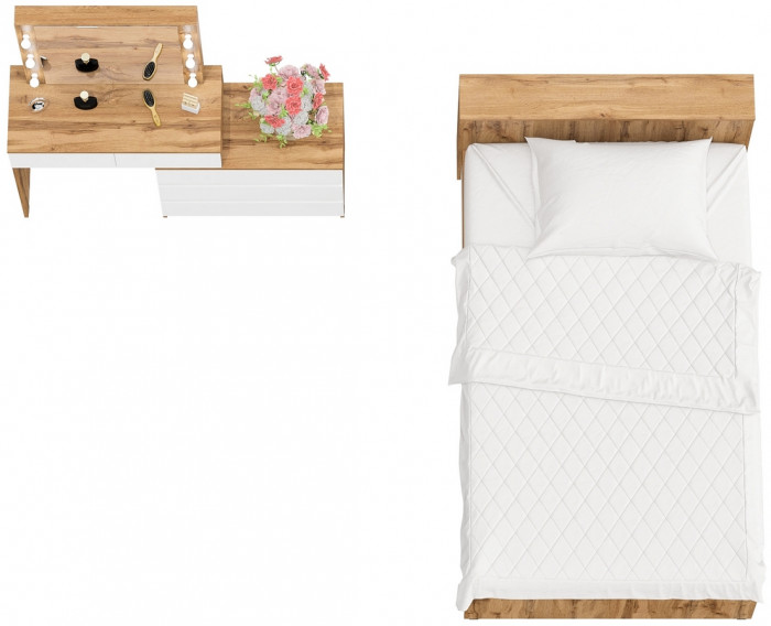 Ксения Кровать с ящиками 1200 + Стол косметический с подсветкой 110, дуб вотан/белый