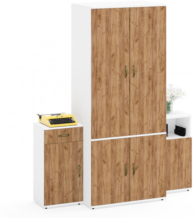 Лидер-8 Шкаф МД 19Б + Тумба МД 3.15 + Тумба МД 3.19, белый шагрень/крафт золото