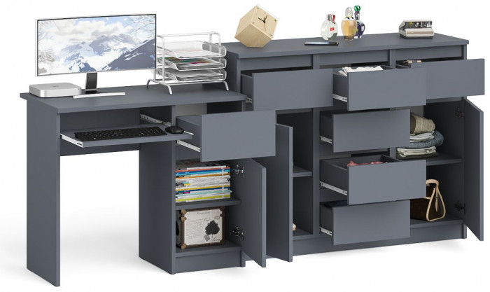 Мори компьютерный стол МС-1 правый + Комод МК1200.4, графит