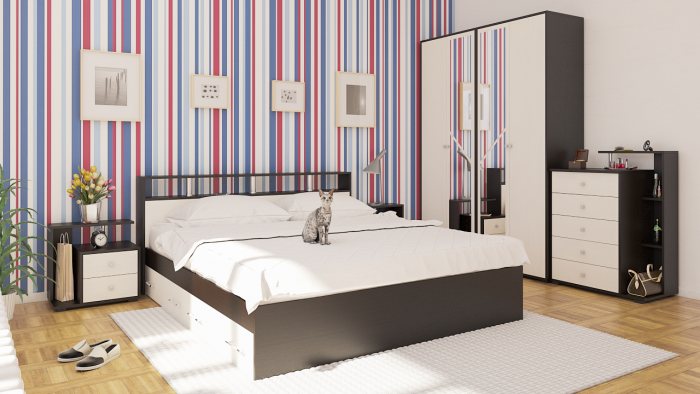 Камелия Кровать с ящиками 1800 + две тумбы, цвет венге/дуб лоредо, ШхГхВ 296х217х78,2 см., сп.м. 1800х2000 мм., без матраса, основание есть