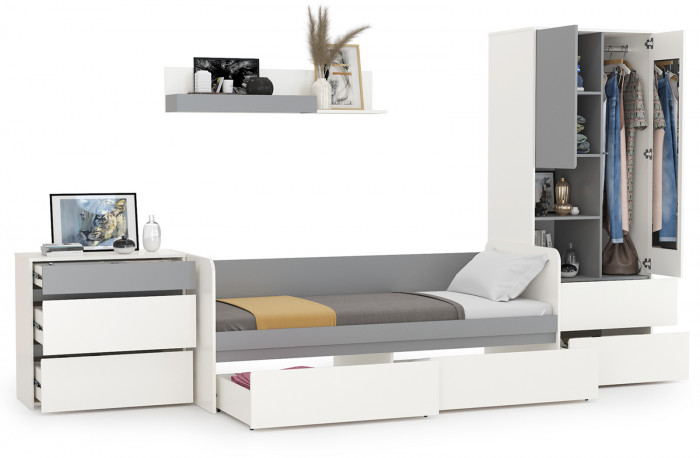 Торонто Компоновка № 19, цвет белый шагрень/стальной серый, ШхГхВ 354х84,4х195,7 см., сп. м. 800х1900 мм., б/м, основание есть, универсальная сборка