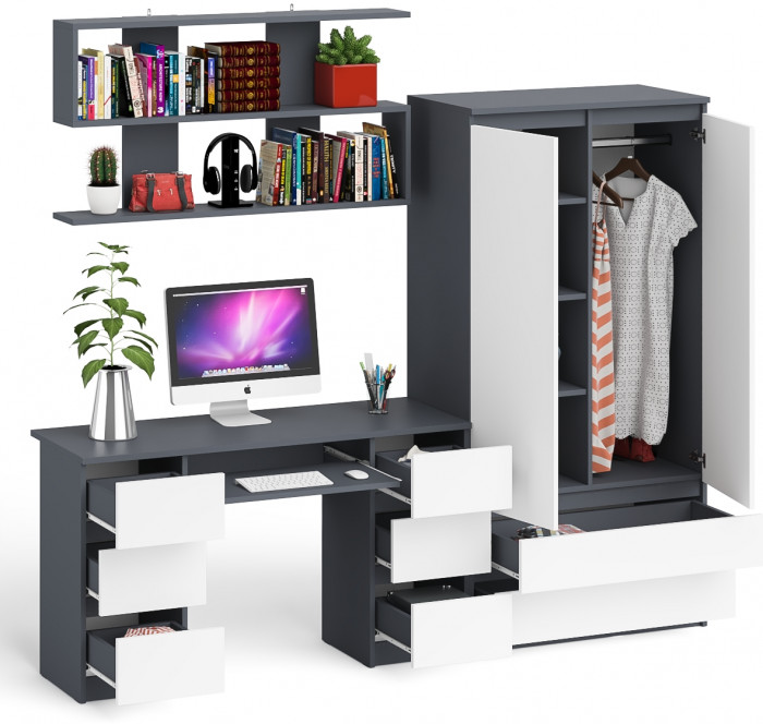 Мори компьютерный стол МС-2 + Шкаф МШ900.1 + Полка 1200, графит/белый