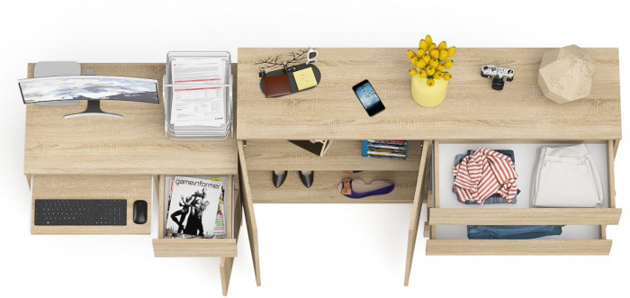 Мори Стол компьютерный МС-1 правый + Комод МК1600.1, цвет дуб сонома, ШхГхВ 250,4х50х94 см., выдвижной ящик справа, НЕ универсальная сборка