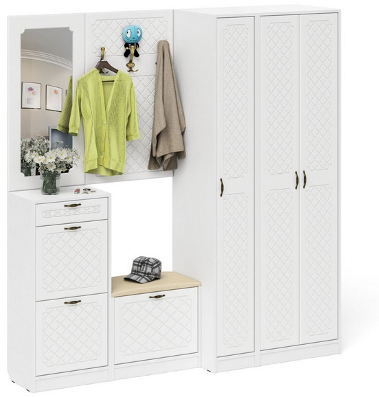 Прихожая П-6 Компоновка № 51, цвет белая шагрень/фасады МДФ белое дерево фрезеровка ромб, ШхГхВ 200х50х210 см., универсальная сборка