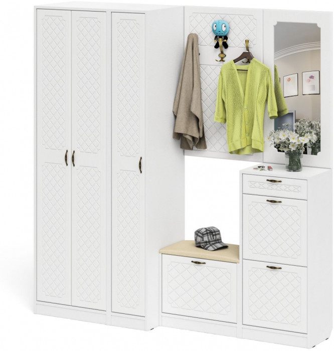 Прихожая П-6 Компоновка № 51, цвет белая шагрень/фасады МДФ белое дерево фрезеровка ромб, ШхГхВ 200х50х210 см., универсальная сборка