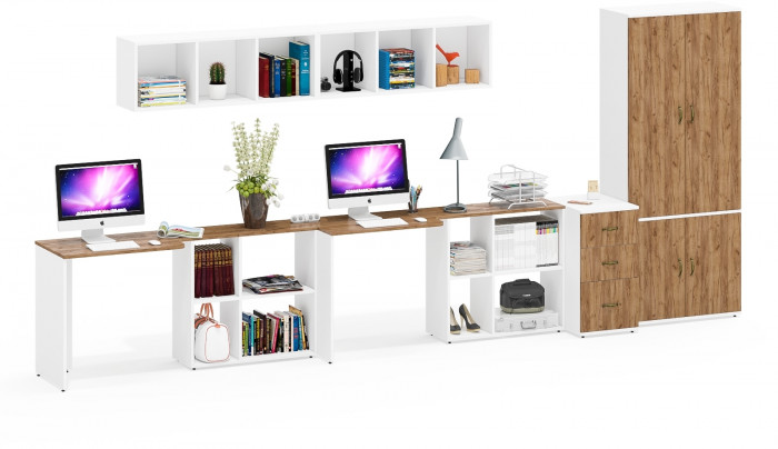 Лидер-8 Стол + Полка + Стол + Полка + Шкаф МД 20Б + Тумба МД 3.16, цвет белый шагрень/крафт золото, 450х50х75/190 или 230х200/50х75/190, НЕ ун. сб.