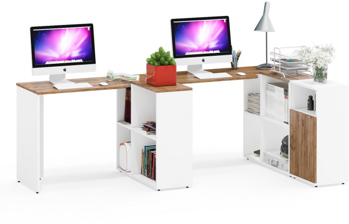 Лидер-8 Стол + Стол + Тумба МД 3.19, цвет белый шагрень/крафт золото, ШхГхВ 370х50/30х75 см. или 230х50/120х75 см., НЕ универсальная сборка