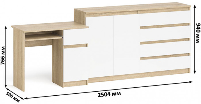 Мори Стол компьютерный МС-1 правый + Комод МК1600.1, цвет дуб сонома/белый, ШхГхВ 250,4х50х94 см., выдвижной ящик справа, НЕ универсальная сборка