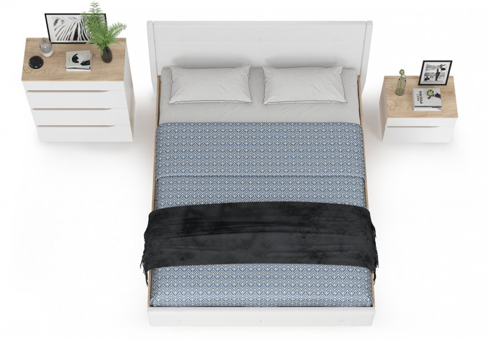 Муссон Кровать 11.28 + подъёмный ортопед + Тумба 16.03 + Комод 13.97, цвет белый/дуб эндгрейн элегантный/кожзам белый, сп. м. 1600х2000 мм., б/м