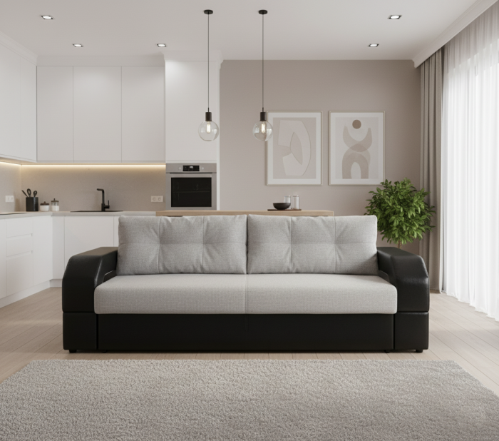 Диван-еврокнижка Манчестер, пружинный блок, 150х195,  рогожка/экокожа серый