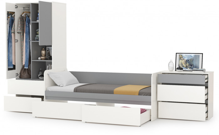 Торонто Компоновка № 21, цвет белый шагрень/стальной серый, ШхГхВ 354х84,4х195,7 см., сп. м. 800х1900 мм., б/м, основание есть, универсальная сборка