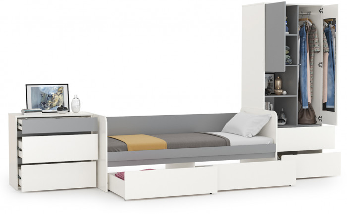 Торонто Компоновка № 21, цвет белый шагрень/стальной серый, ШхГхВ 354х84,4х195,7 см., сп. м. 800х1900 мм., б/м, основание есть, универсальная сборка