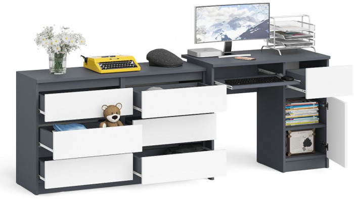 Мори компьютерный стол МС-1 правый + Комод МК1200.6, графит/белый