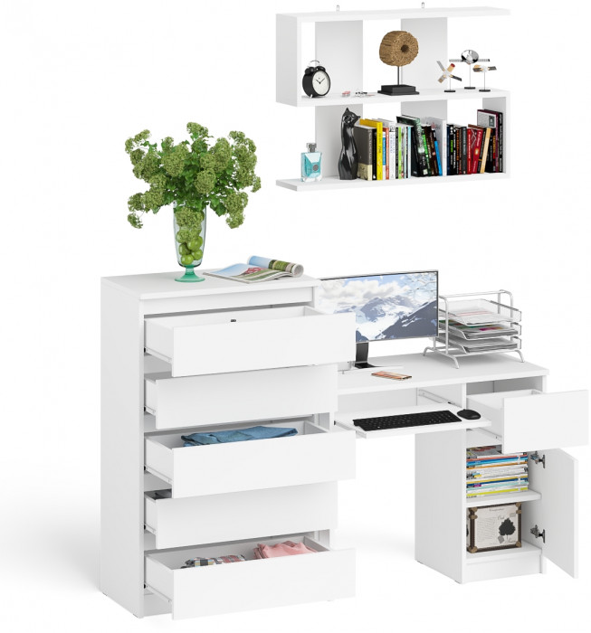 Мори Стол компьютерный МС-1 правый + Комод МК700.5 + Полка 900, цвет белый, ШхГхВ 160,4х50х209,6 см., НЕ универсальная сборка