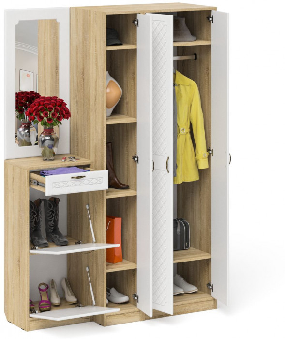 Прихожая П-6 Компоновка № 49, дуб сонома/фасады МДФ белое дерево фрезеровка ромб