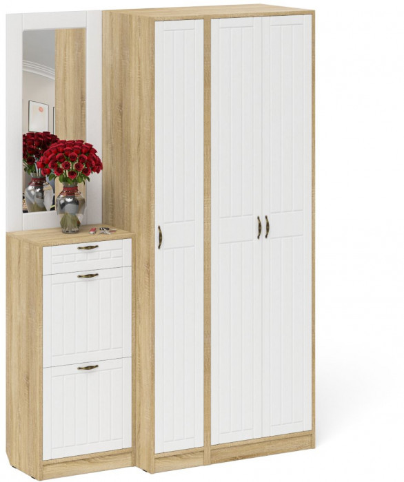 Прихожая П-6 Компоновка № 49, цвет дуб сонома/фасады МДФ белое дерево фрезеровка прованс, ШхГхВ 140х50х210 см., универсальная сборка